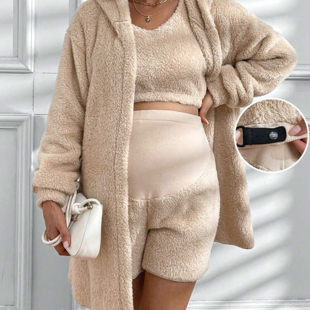 SHEIN Three Piece Maternity Fuzzy Pajama Lounge Set With Hooded Robe Pockets L